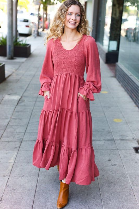 Beautiful You Lock Eyes Marsala Smocked Ruffle Sleeve Maxi Dress-Evelyns Fashion