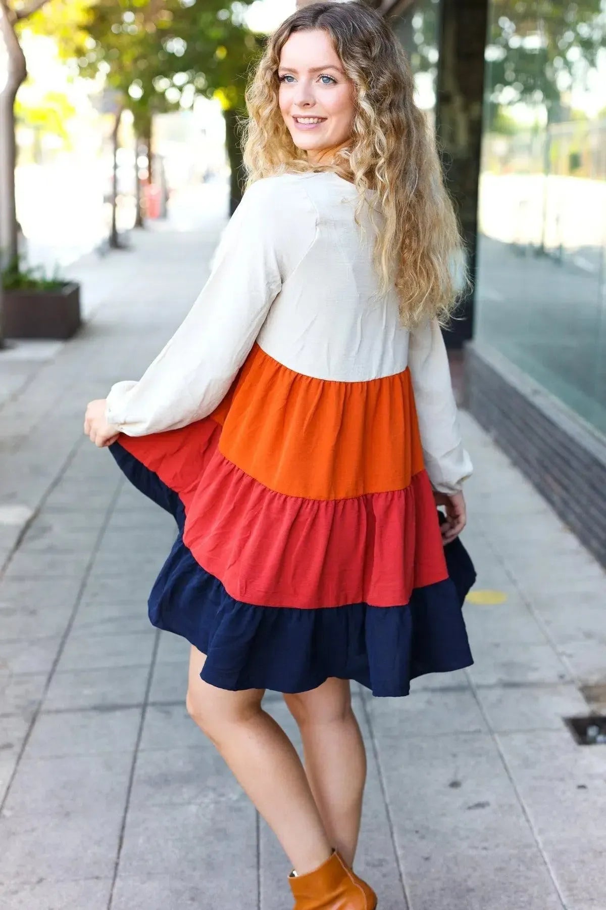 Beautiful You Orange & Multicolor Tiered Babydoll Dress-Evelyns Fashion