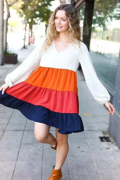 Beautiful You Orange & Multicolor Tiered Babydoll Dress-Evelyns Fashion