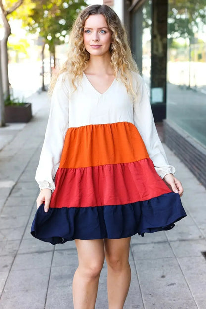 Beautiful You Orange & Multicolor Tiered Babydoll Dress-Evelyns Fashion