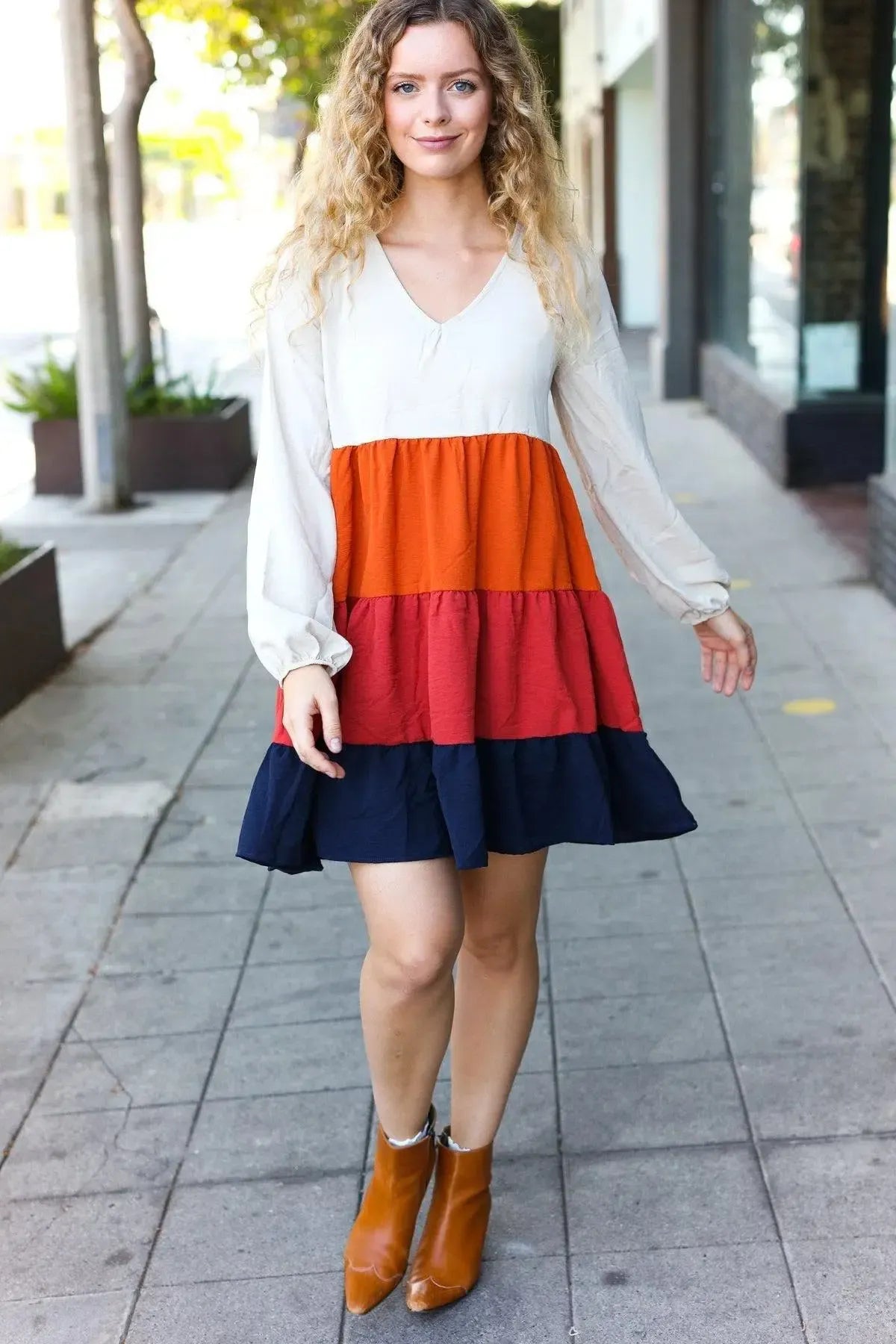 Beautiful You Orange & Multicolor Tiered Babydoll Dress-Evelyns Fashion