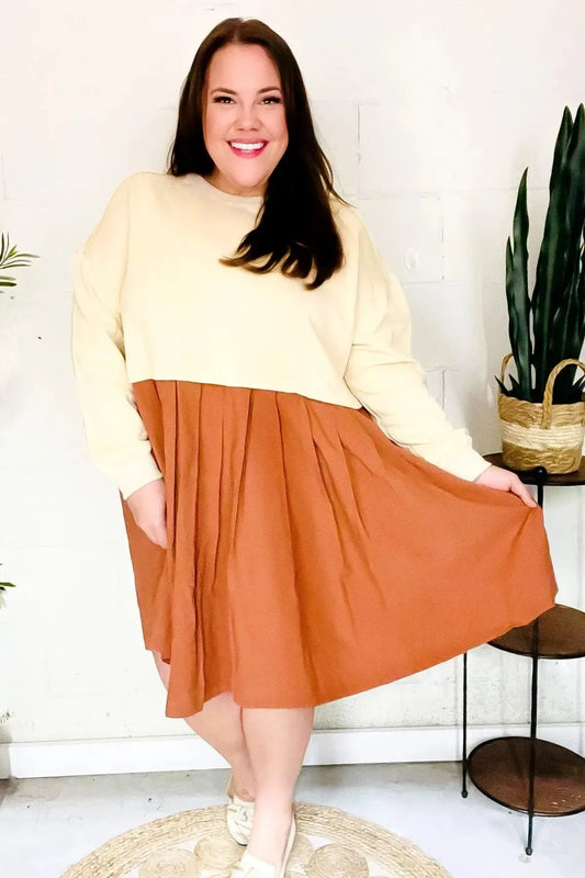 Bedazzled Cream & Rust Pleated Skirt French Terry Cotton Dress-Evelyns Fashion