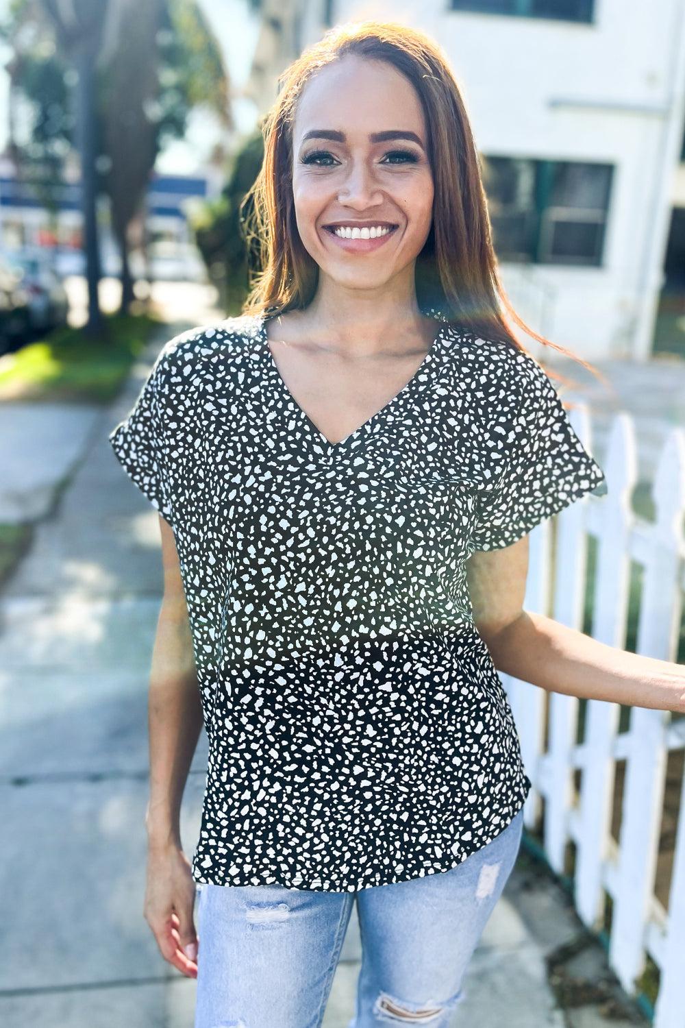 Black Animal Print Short Sleeve Top-Evelyns Fashion