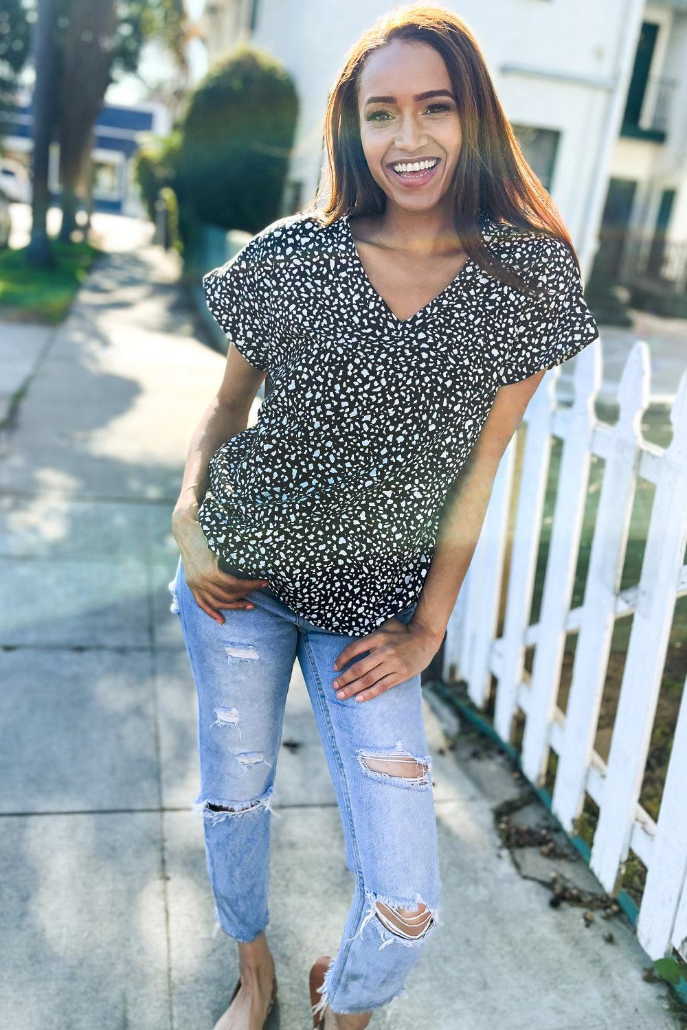Black Animal Print Short Sleeve Top-Evelyns Fashion