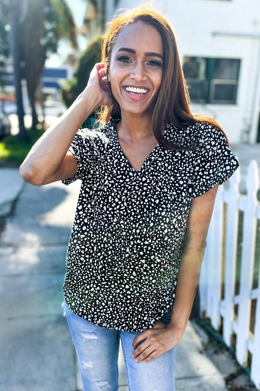 Black Animal Print Short Sleeve Top-Evelyns Fashion