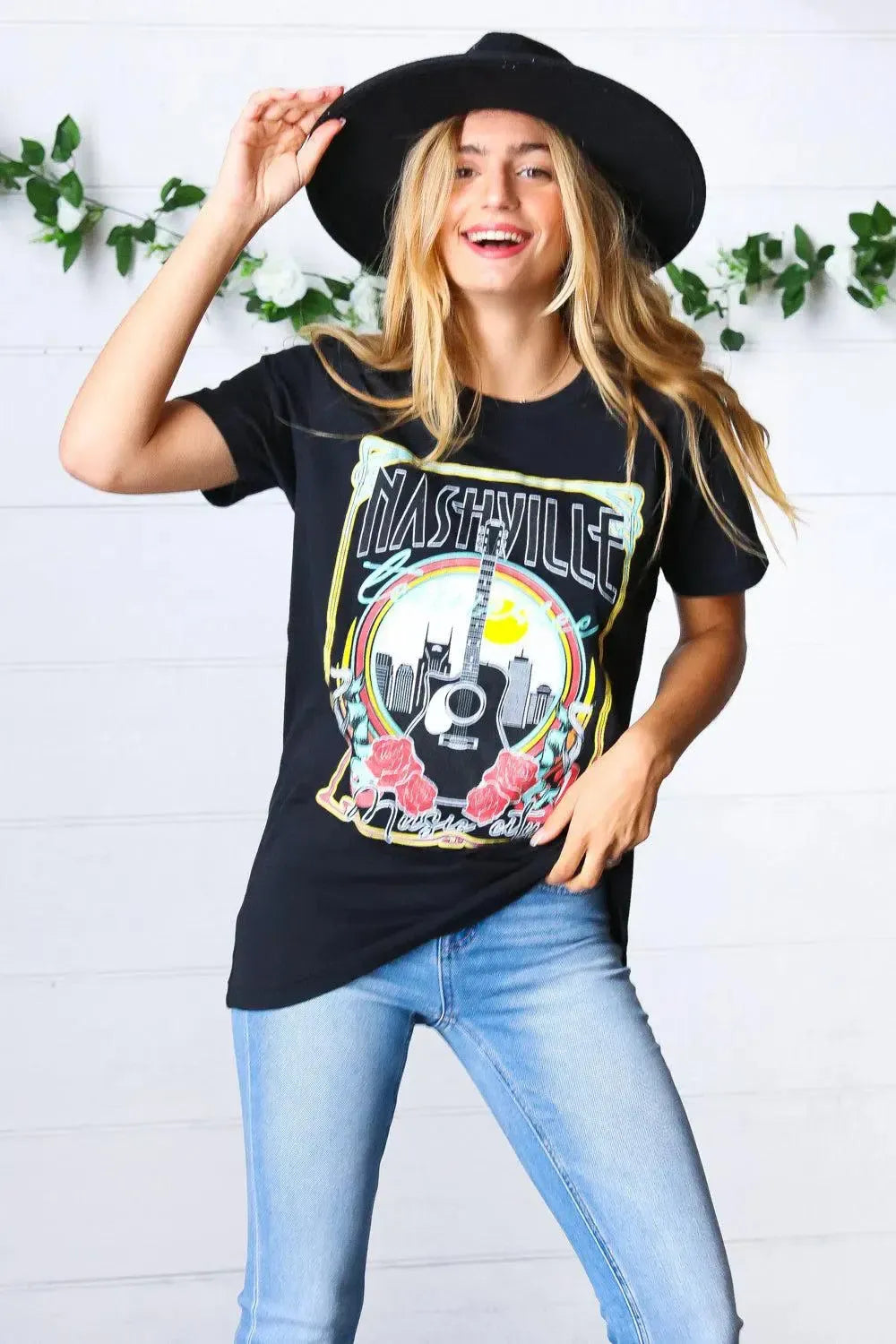 Black Cotton Nashville Graphic Knit Tee-Evelyns Fashion