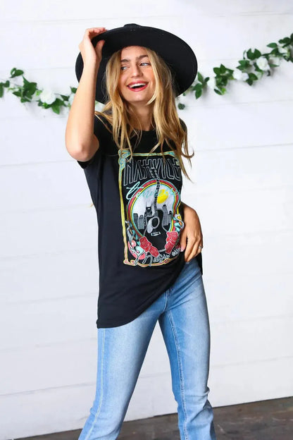 Black Cotton Nashville Graphic Knit Tee-Evelyns Fashion