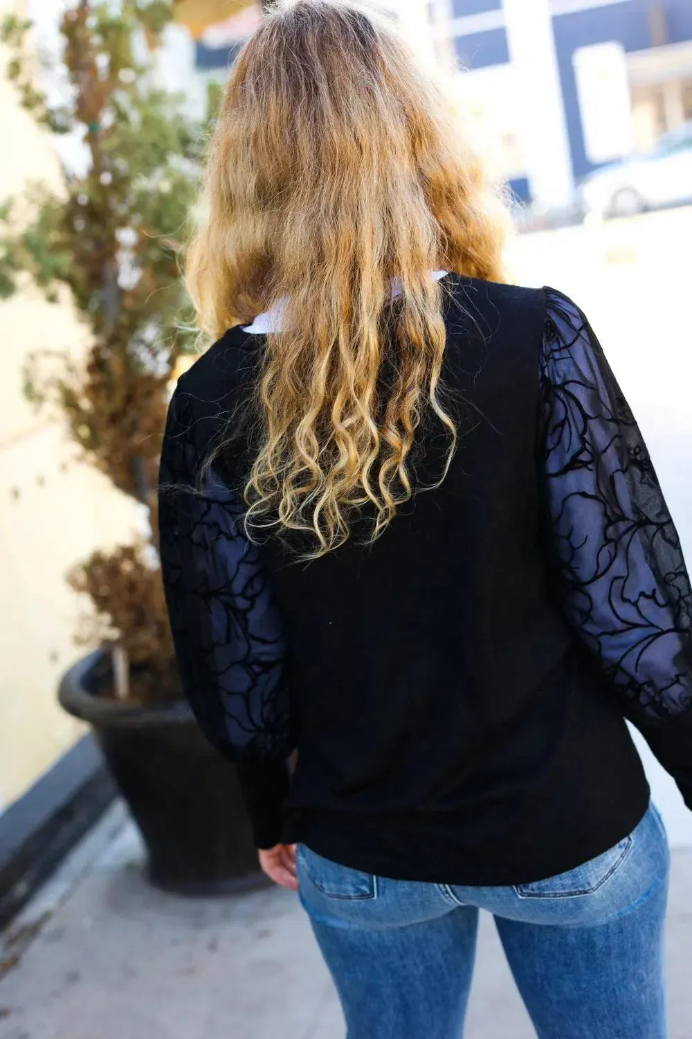 Black Floral Mesh Bubble Sleeve Top-Evelyns Fashion