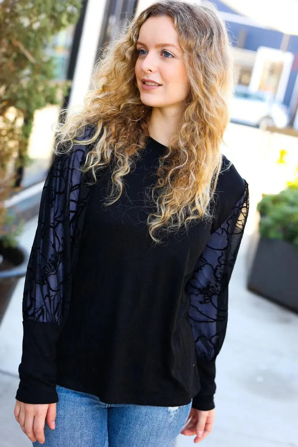 Black Floral Mesh Bubble Sleeve Top-Evelyns Fashion