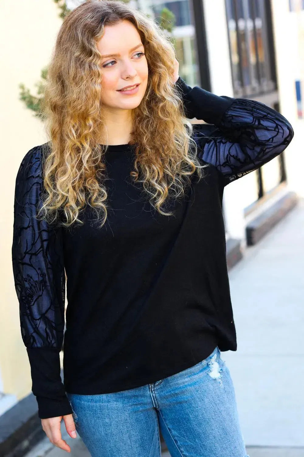 Black Floral Mesh Bubble Sleeve Top-Evelyns Fashion