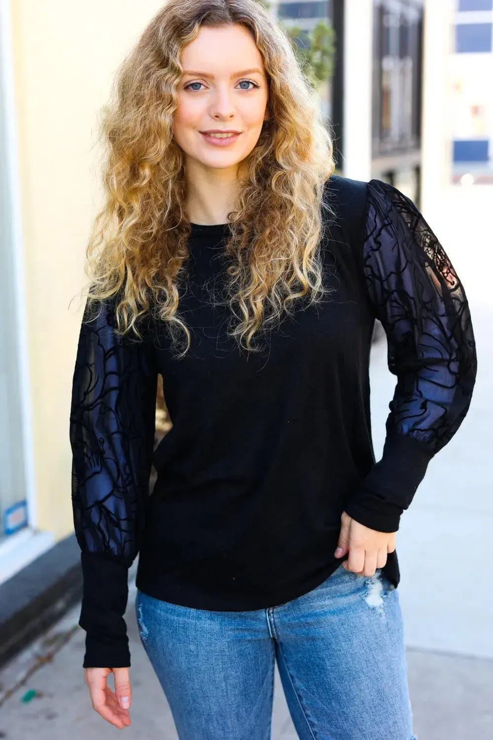 Black Floral Mesh Bubble Sleeve Top-Evelyns Fashion