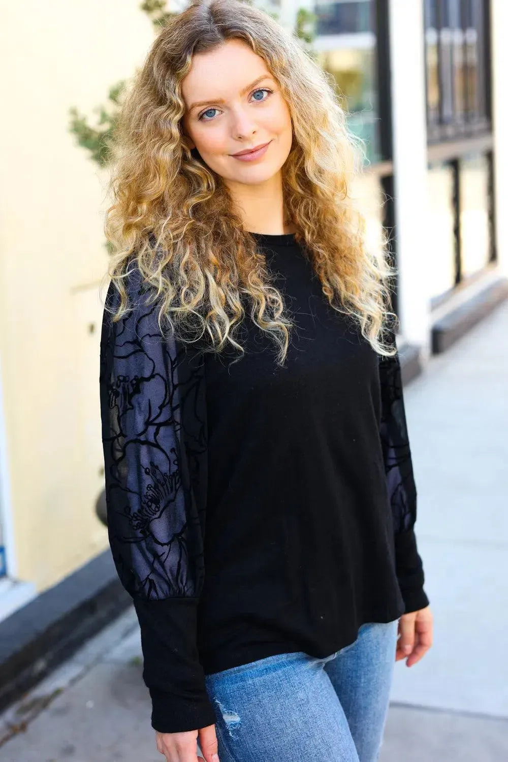 Black Floral Mesh Bubble Sleeve Top-Evelyns Fashion