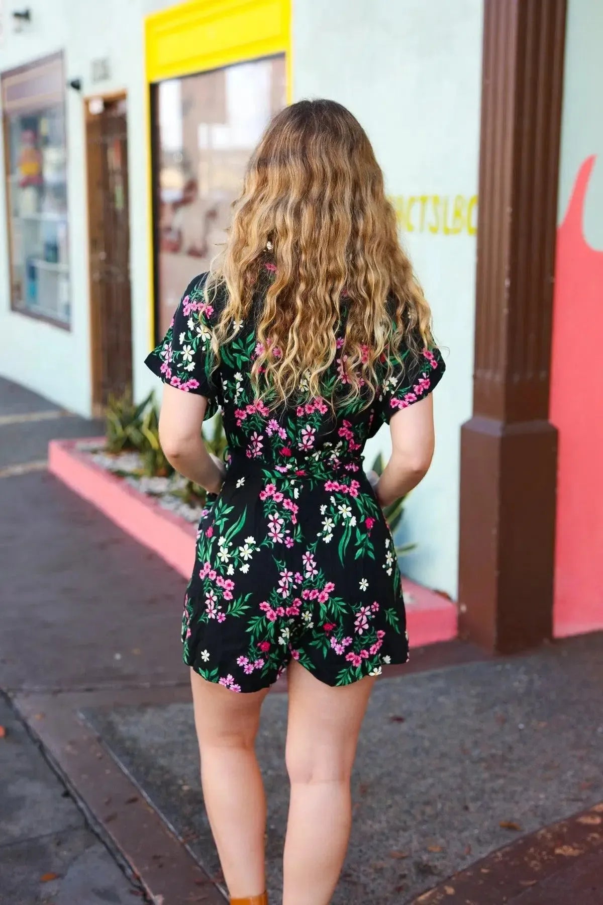Black & Floral Surplice Short Sleeve Pocketed Romper-Evelyns Fashion