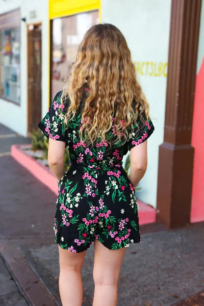 Black & Floral Surplice Short Sleeve Pocketed Romper-Evelyns Fashion
