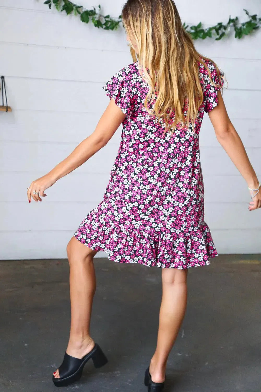 Black Multicolor Floral Babydoll Flutter Sleeve Midi Dress-Evelyns Fashion