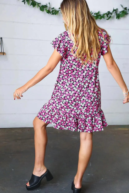 Black Multicolor Floral Babydoll Flutter Sleeve Midi Dress-Evelyns Fashion