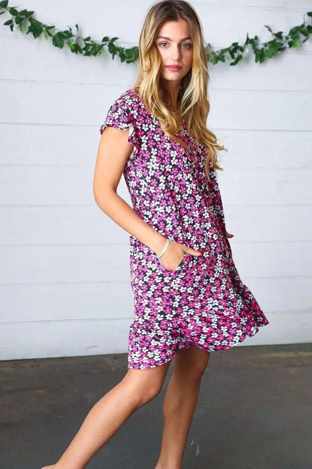 Black Multicolor Floral Babydoll Flutter Sleeve Midi Dress-Evelyns Fashion