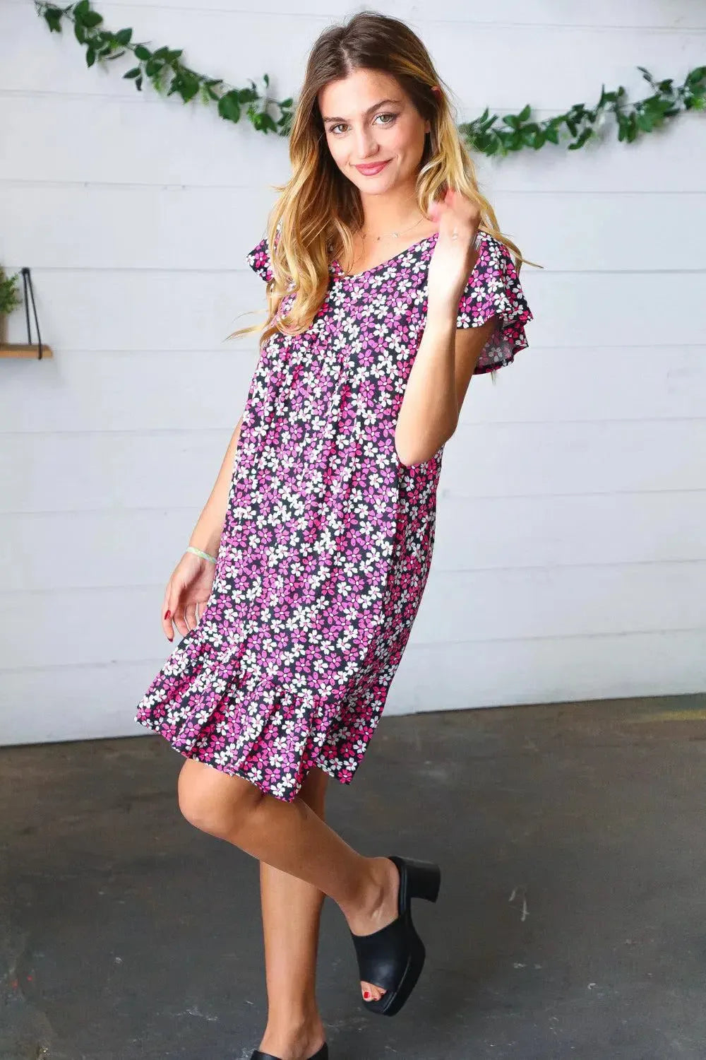 Black Multicolor Floral Babydoll Flutter Sleeve Midi Dress-Evelyns Fashion