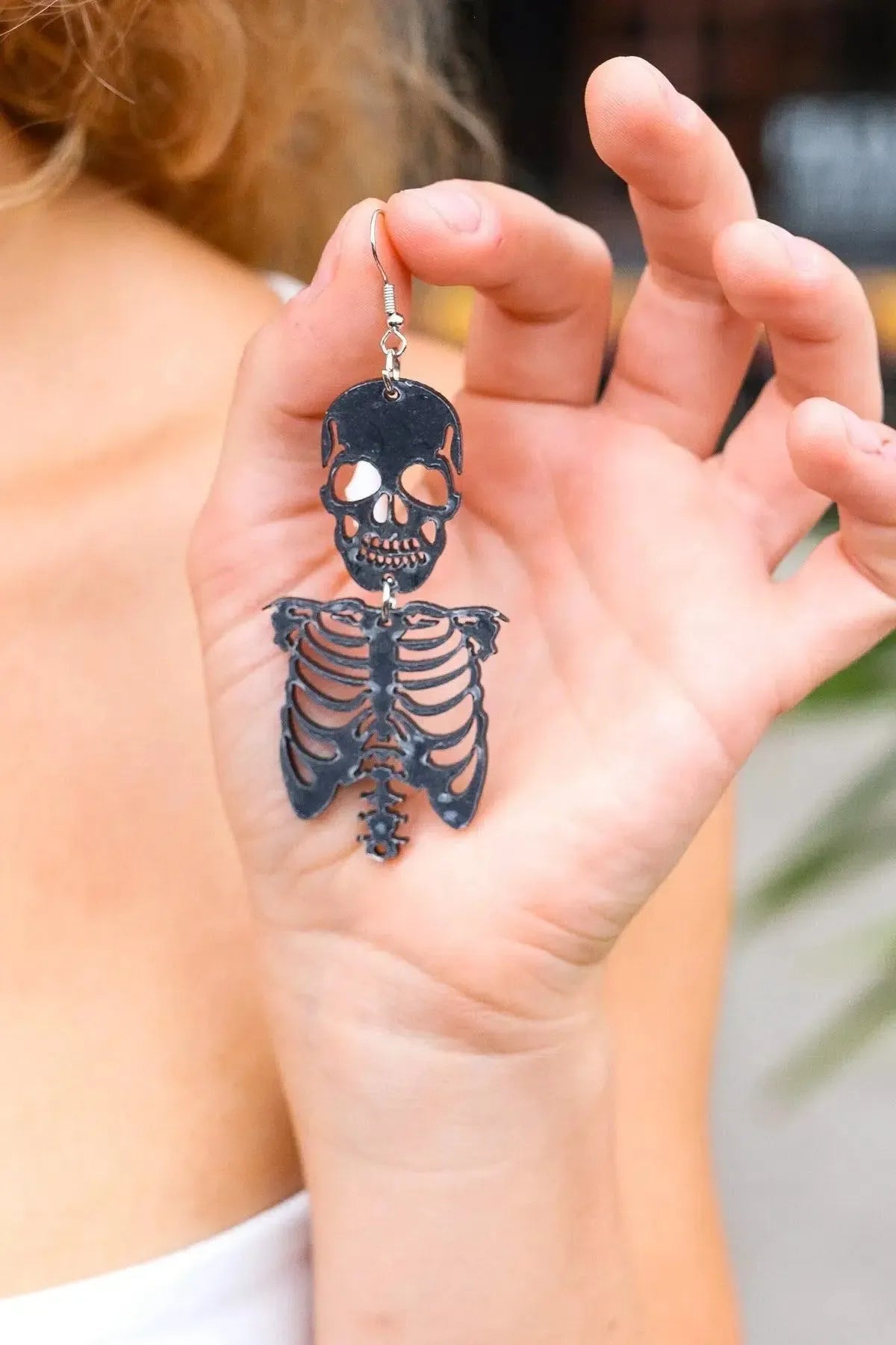 Black Skeleton Acrylic Drop Earrings-Evelyns Fashion
