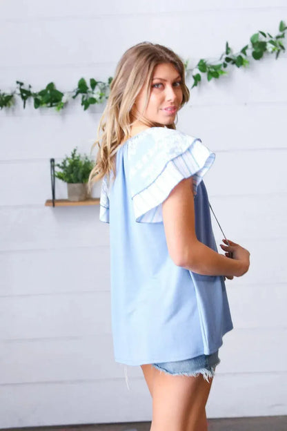 Blue Floral & Stripe V Neck Tie Double Flutter Sleeve Top-Evelyns Fashion