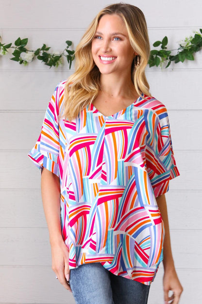Blue & Fuchsia Geometric Print Woven Top-Evelyns Fashion