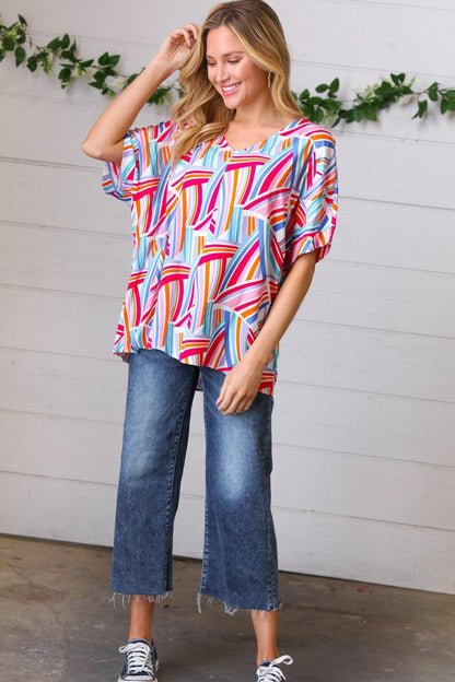 Blue & Fuchsia Geometric Print Woven Top-Evelyns Fashion