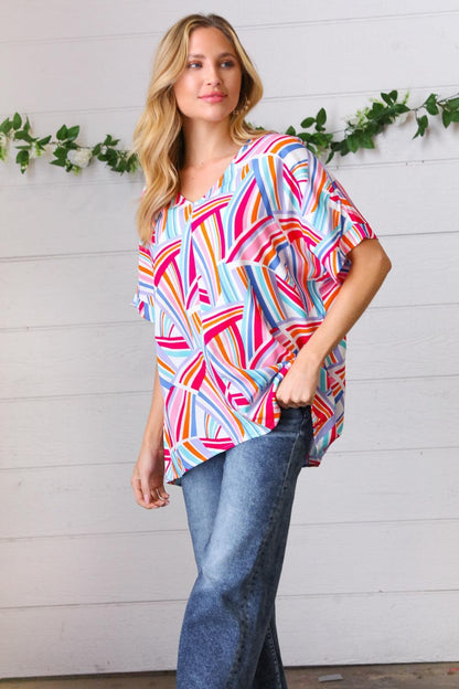 Blue & Fuchsia Geometric Print Woven Top-Evelyns Fashion