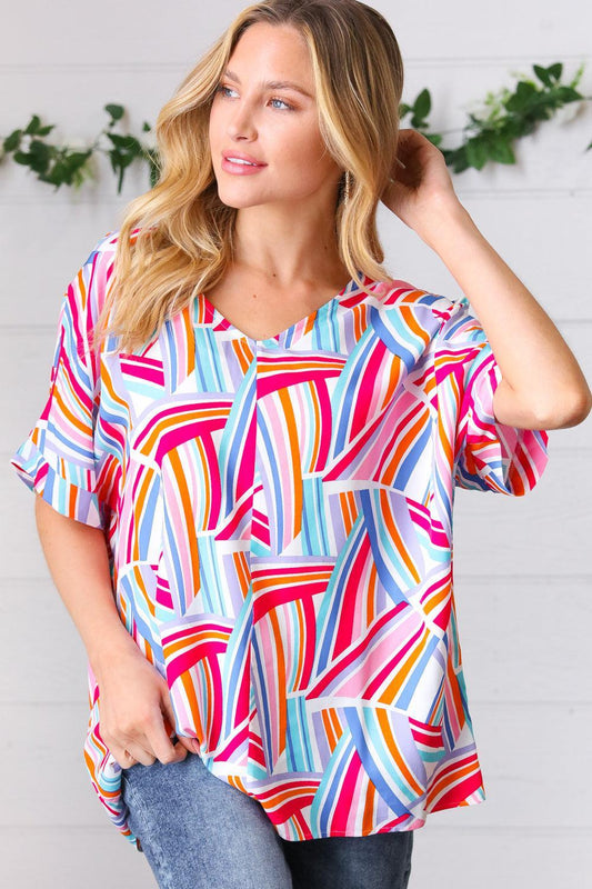 Blue & Fuchsia Geometric Print Woven Top-Evelyns Fashion