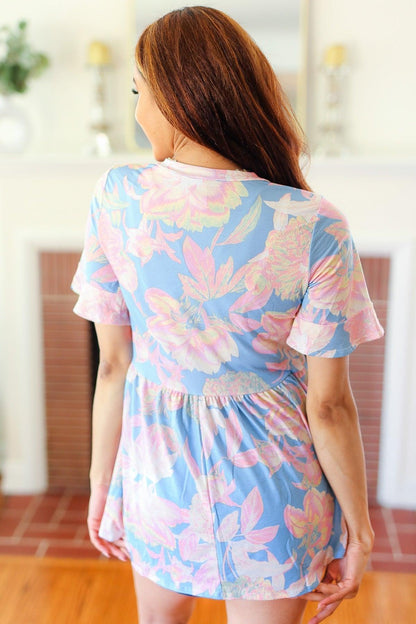 Blue & Pink Babydoll Top-Blouses-Evelyns Fashion