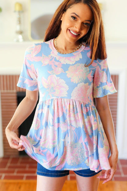 Blue & Pink Babydoll Top-Blouses-Evelyns Fashion