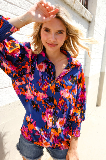 Blue Smocked Sleeve Blouse-Long Sleeve Blouse-Evelyns Fashion