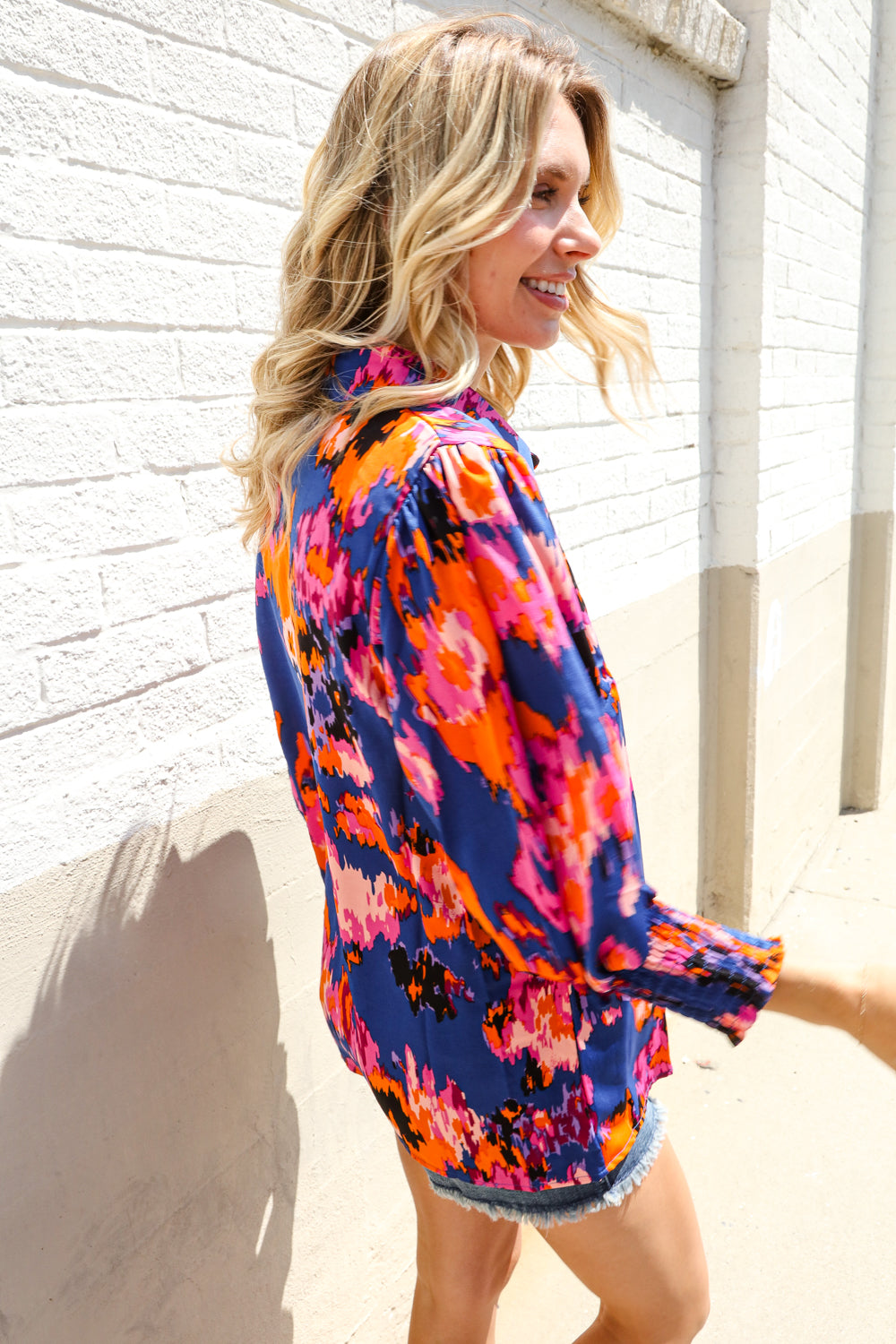 Blue Smocked Sleeve Blouse-Long Sleeve Blouse-Evelyns Fashion