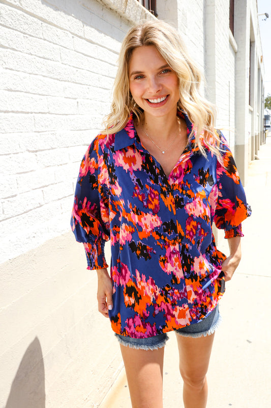 Blue Smocked Sleeve Blouse-Long Sleeve Blouse-Evelyns Fashion