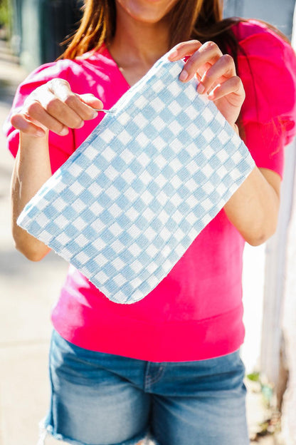 Blue & White Checker Cloth/Knit Travel Bag-Evelyns Fashion