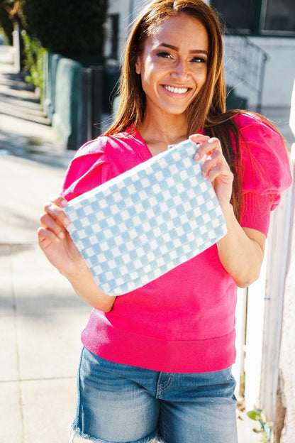 Blue & White Checker Cloth/Knit Travel Bag-Evelyns Fashion
