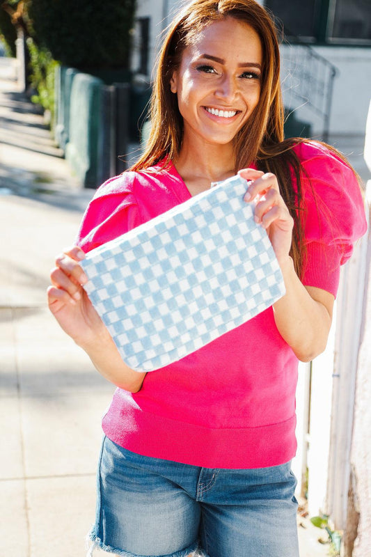 Blue & White Checker Cloth/Knit Travel Bag-Evelyns Fashion