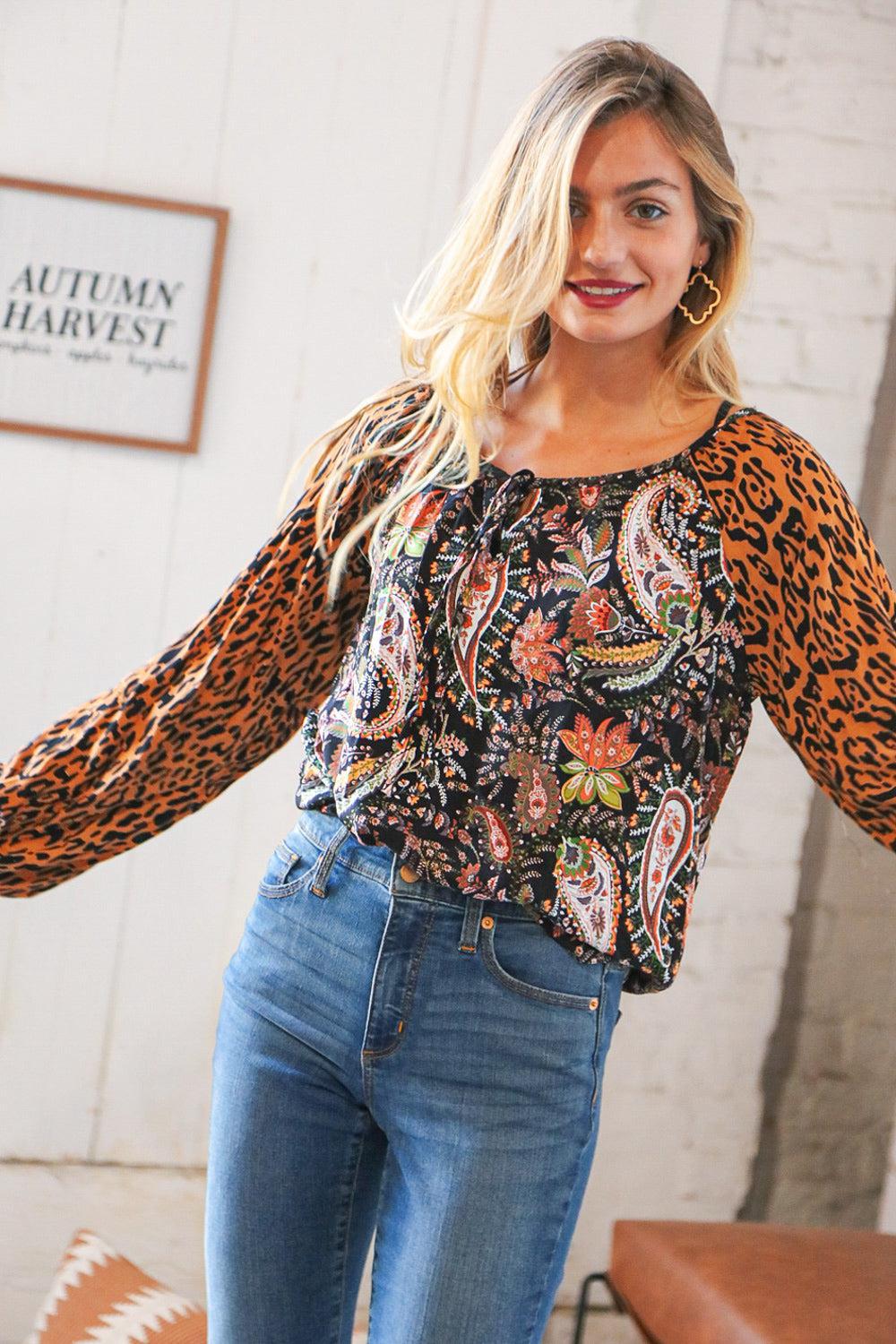Boho Paisley Leopard Print Front Tie Woven Blouse-Evelyns Fashion