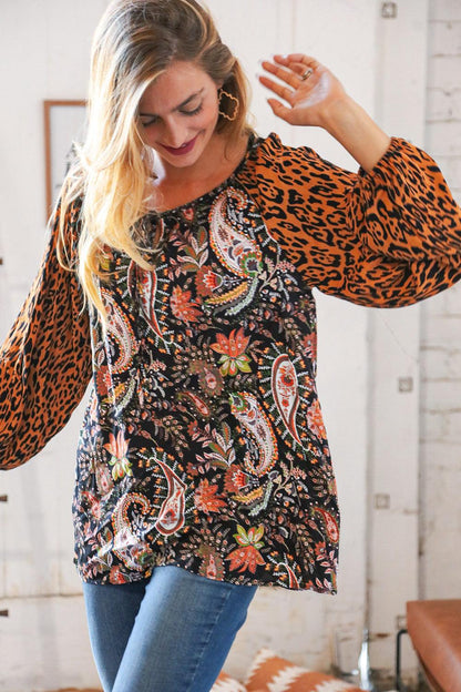 Boho Paisley Leopard Print Front Tie Woven Blouse-Evelyns Fashion