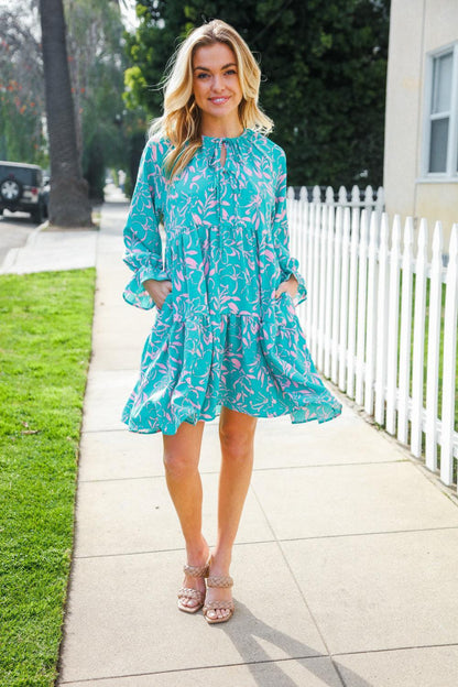 Boho Romance Mint Floral Print Front Ribbon Bow Tiered Dress-Evelyns Fashion