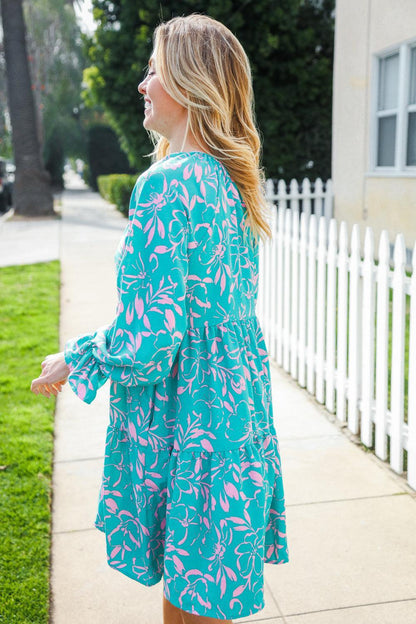 Boho Romance Mint Floral Print Front Ribbon Bow Tiered Dress-Evelyns Fashion