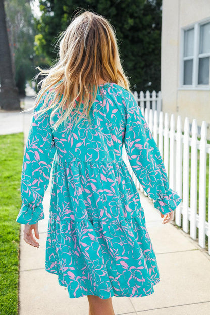 Boho Romance Mint Floral Print Front Ribbon Bow Tiered Dress-Evelyns Fashion