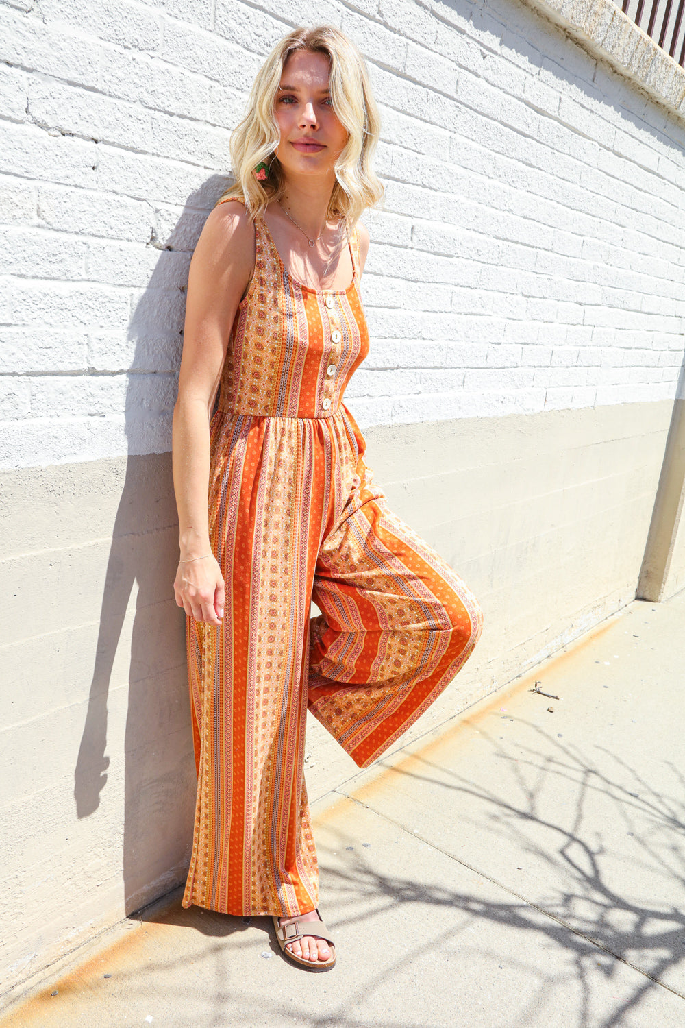 Boho Rust & Yellow Wide Leg Jumper-Jumpsuits-Evelyns Fashion