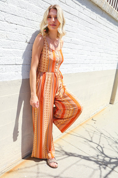 Boho Rust & Yellow Wide Leg Jumper-Jumpsuits-Evelyns Fashion