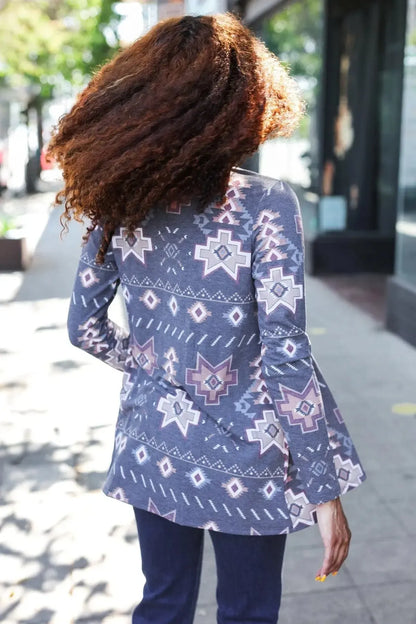 Boho Vibes Charcoal Tribal Print Terry Open Cardigan-Evelyns Fashion