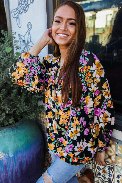 Boho Vibes Notch Tie Neck Floral Print Long Sleeve Blouse-Evelyns Fashion