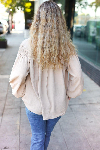 Boho Vibes Taupe Notched Neck Smocked Bubble Sleeve Top-Evelyns Fashion