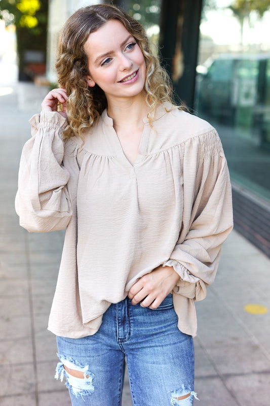 Boho Vibes Taupe Notched Neck Smocked Bubble Sleeve Top-Evelyns Fashion
