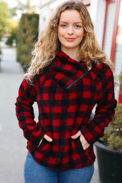 Bold & Cozy: Red Asymmetrical Zip Sweater-Evelyns Fashion