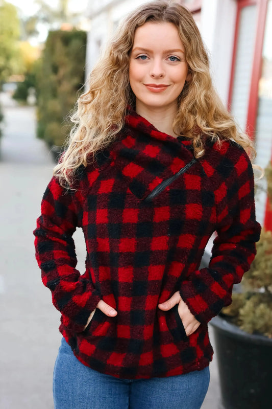Bold & Cozy: Red Asymmetrical Zip Sweater-Evelyns Fashion
