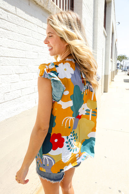 Bold Multicolor Flutter Sleeve Top-Short Sleeve Blouse-Evelyns Fashion